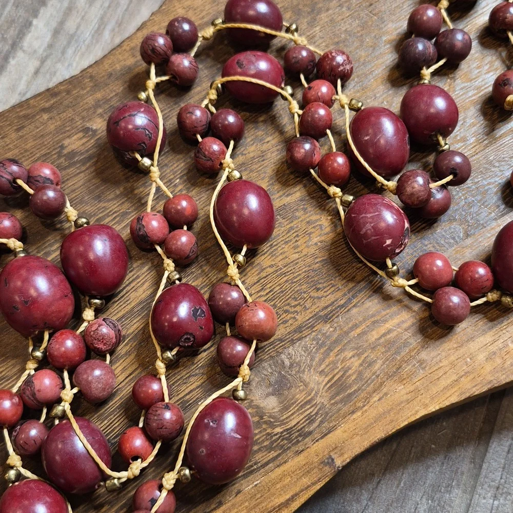 Vintage Cranberry Maroon Beaded Gold Tone Spacers Knotted Cord Long Necklace - Picture 10 of 14